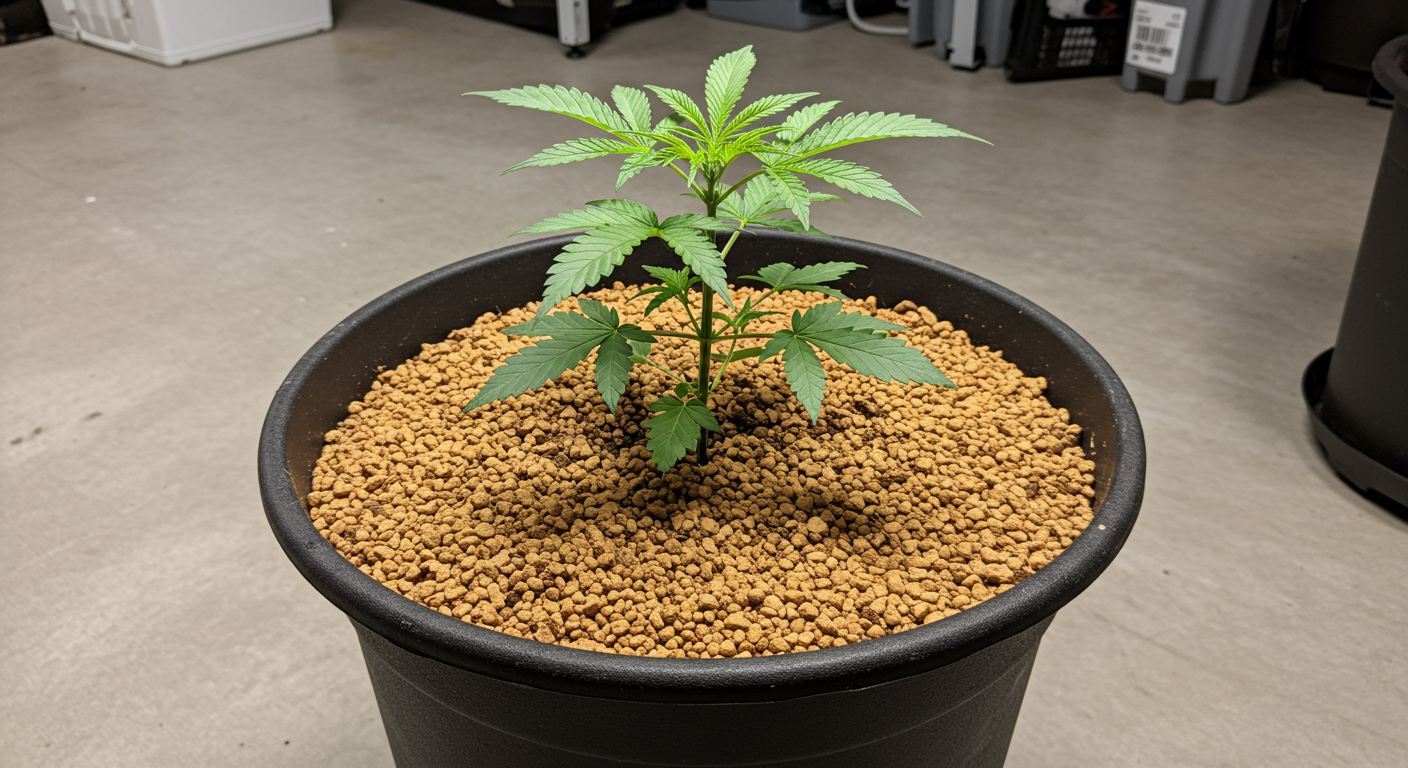 Cannabis plant in vermiculite container