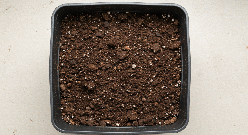 A square black plastic pot filled with rich potting soil mixed with perlite, prepared for planting cannabis.