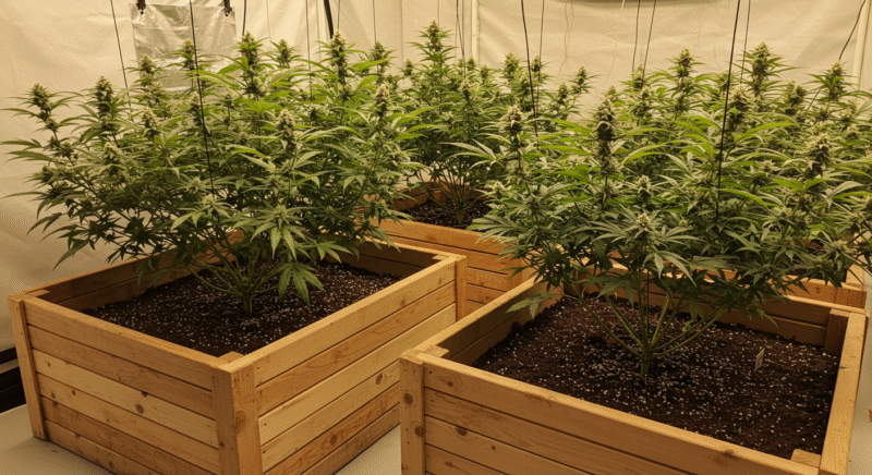 Indoor cannabis plants thriving in wooden raised beds filled with rich soil. The plants are supported by trellis lines, and the grow room is lined with reflective material for optimal light efficiency.