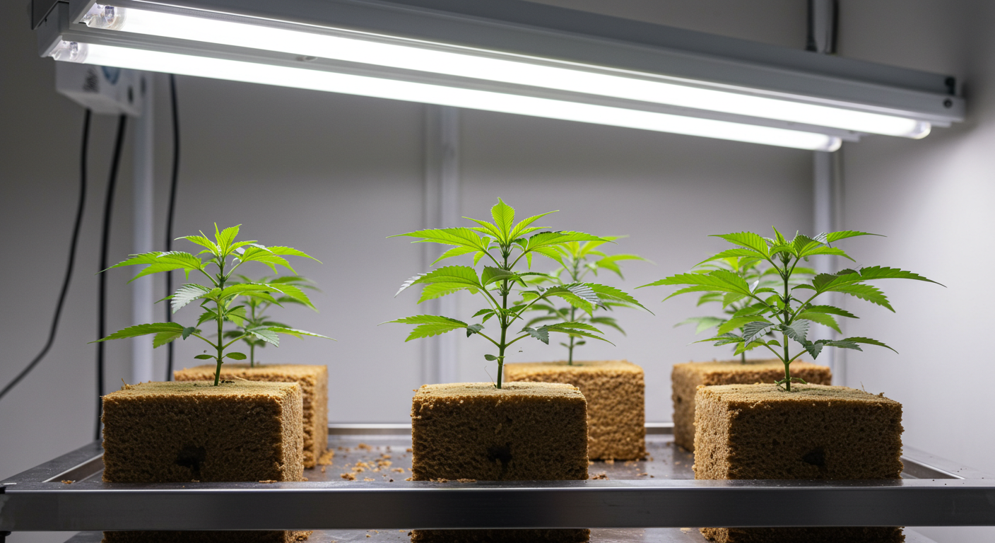 Cannabis seedlings in rockwool under fluorescent grow lights