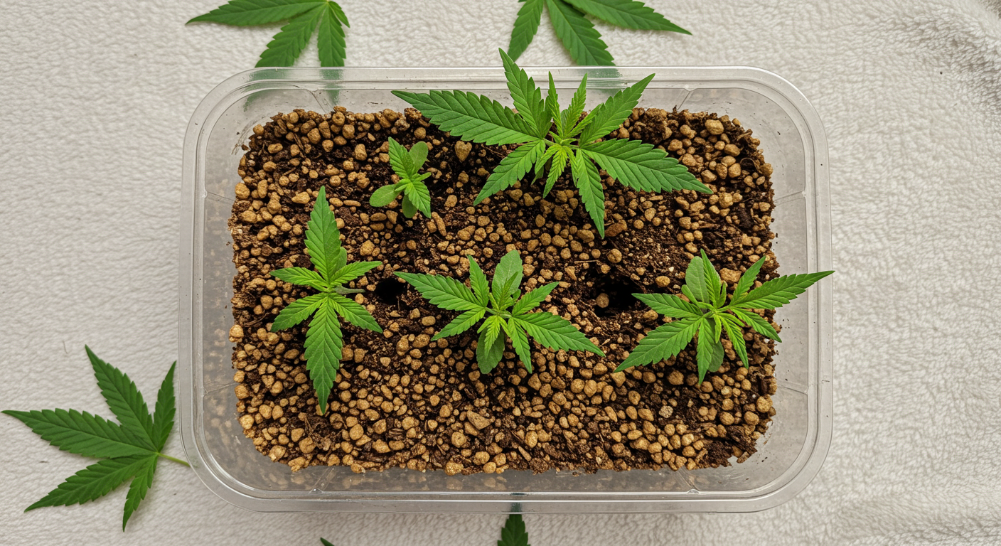 young cannabis seedlings growing in a transparent plastic container filled with vermiculite-based growing medium, placed on a white textured surface with scattered cannabis leaves
