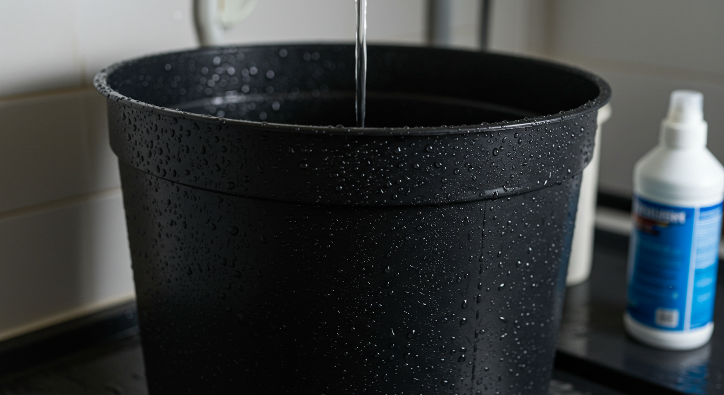 Plastic plant pot being cleaned with water
