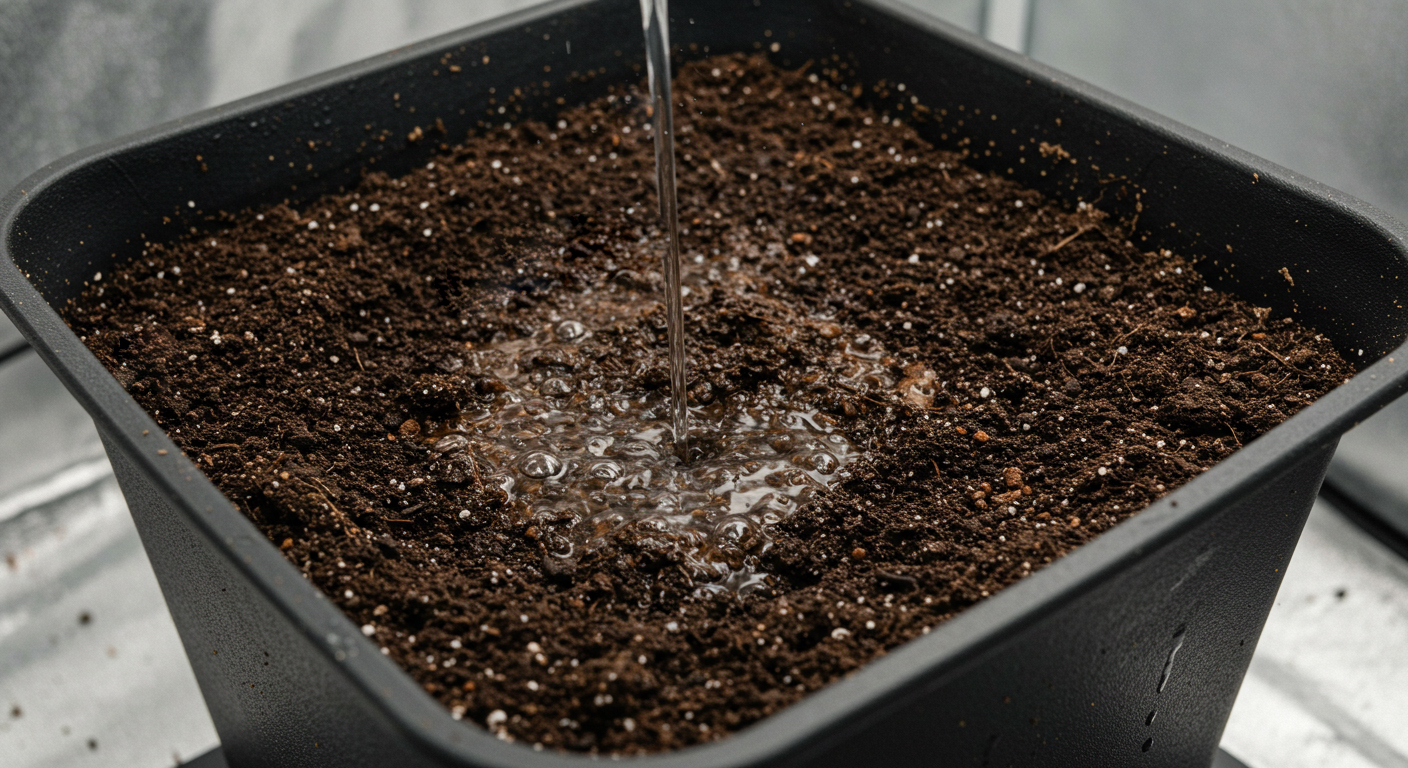 Water being applied during a cannabis container drainage test