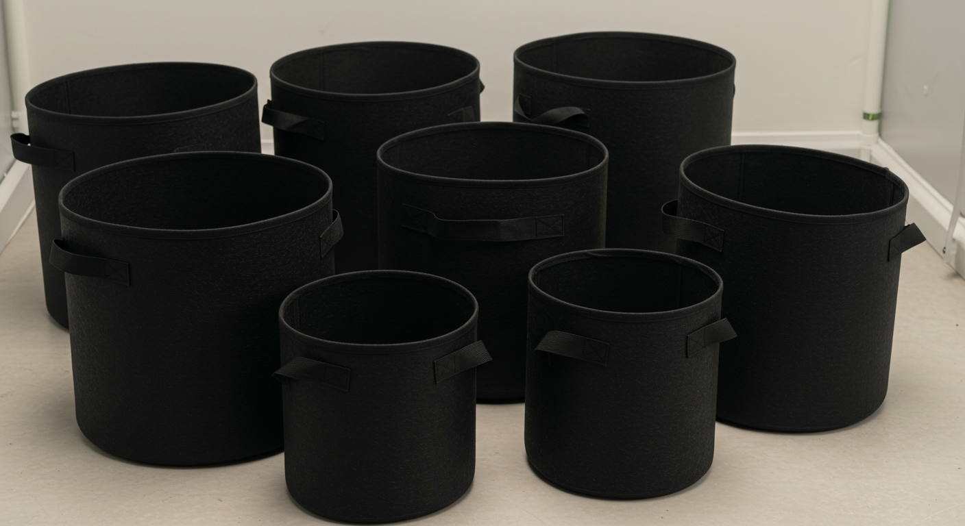 Empty fabric pots in different sizes used to explain container sizing.