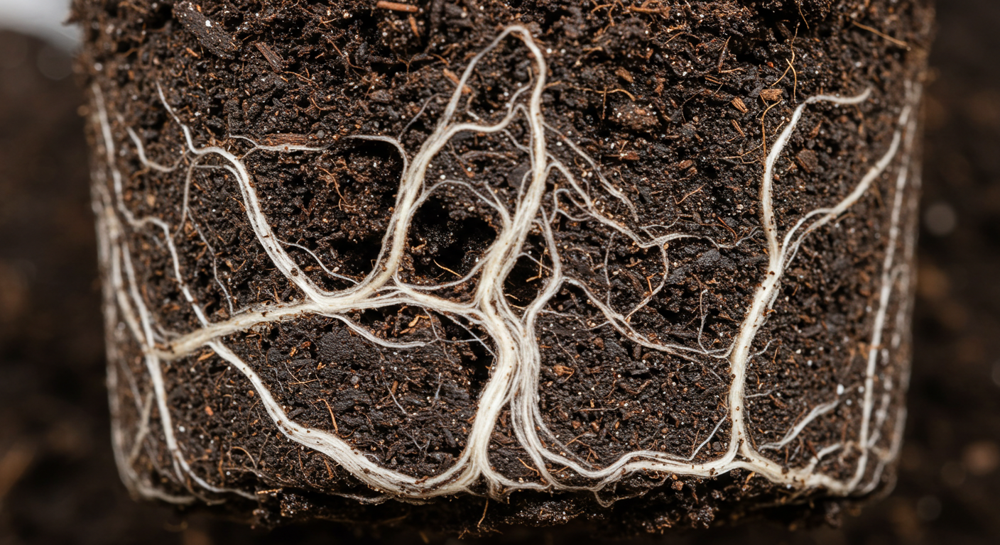 Healthy white cannabis roots spreading through dark growing medium