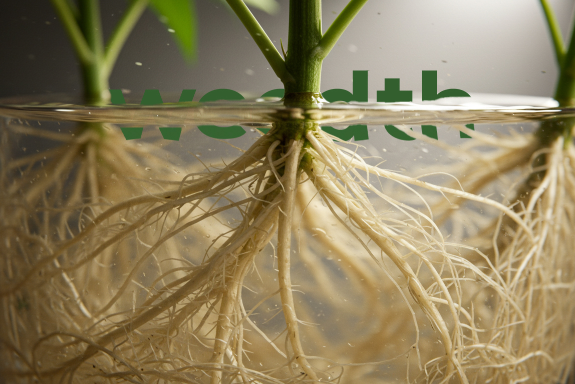 healthy white cannabis roots submerged in a hydroponic system, showing vigorous growth and oxygenated water environment