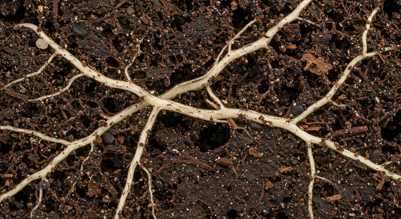 Healthy white cannabis roots spreading through aerated soil