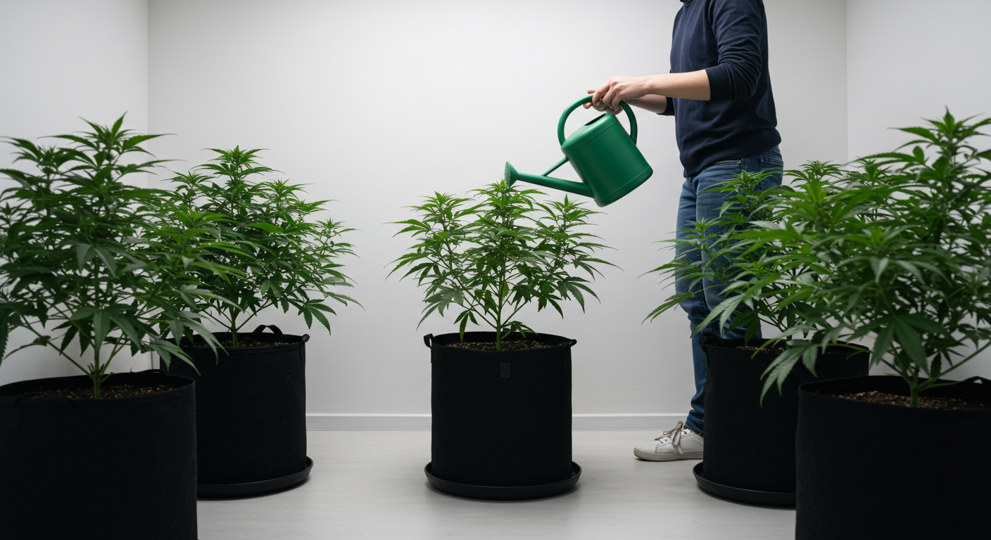 Indoor cannabis watering routine used to explain consistent irrigation management.