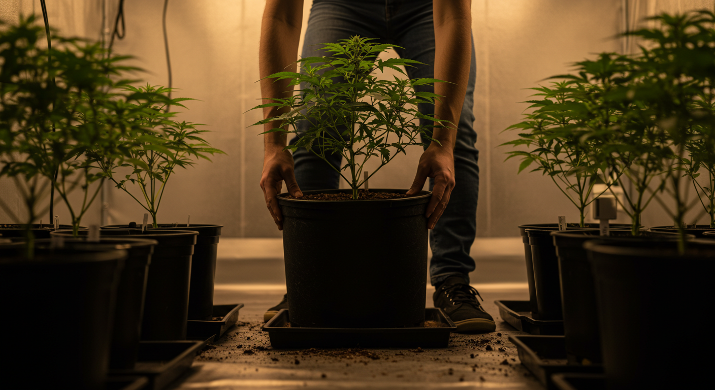 A grower lifting a cannabis container to compare its watering weight
