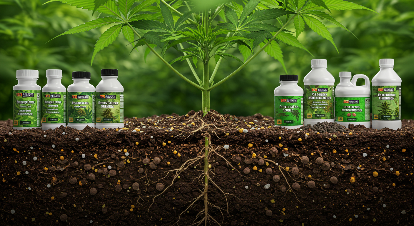 Diagram connecting cannabis roots, nutrient movement, stem transport, and canopy growth
