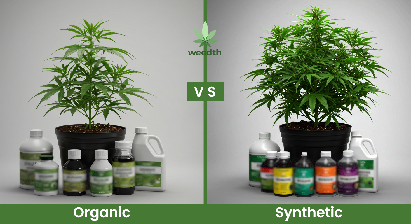 Side-by-side view of organic and mineral nutrient approaches for indoor cannabis