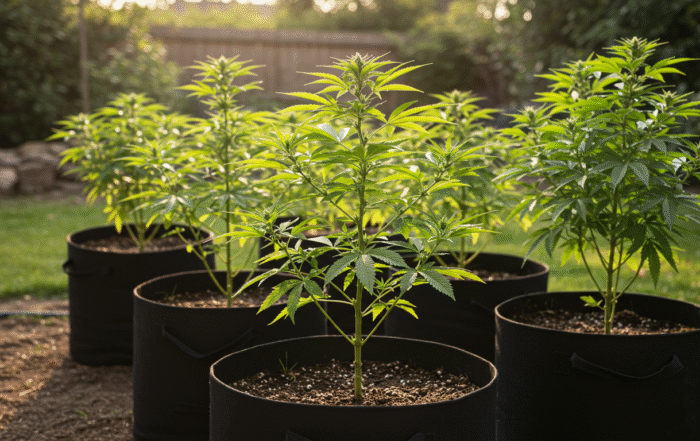 Cannabis plants growing outdoors in fabric smart pots during late afternoon sunlight.