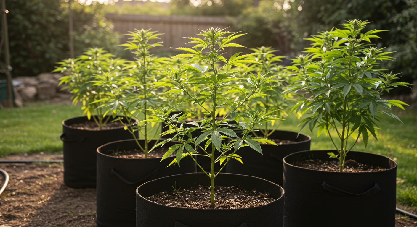 Cannabis plants growing outdoors in fabric smart pots during late afternoon sunlight.