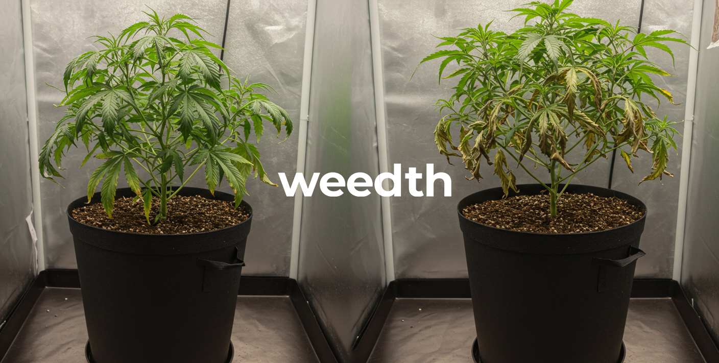 Comparison image showing overwatering and underwatering differences in cannabis.