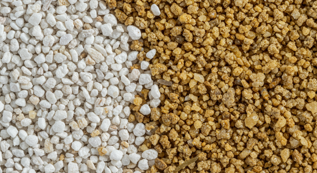 Perlite and golden-brown vermiculite showing the texture and color differences of common cannabis soil amendments.