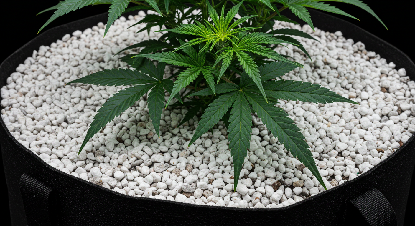 Cannabis plant in fabric pot with perlite mix