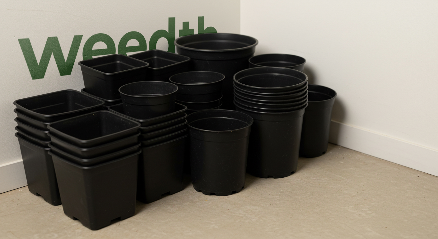Stacks of empty black plastic pots of various sizes placed against a wall with the Weedth logo in the background.