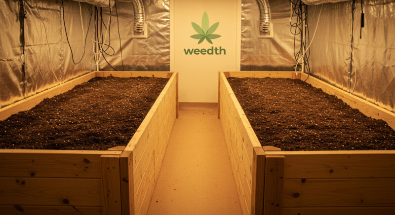 Indoor raised bed setup filled with soil, designed for large-scale cannabis cultivation. The room features reflective walls and ventilation ducts for optimal growing conditions, with a central walkway for easy plant access.