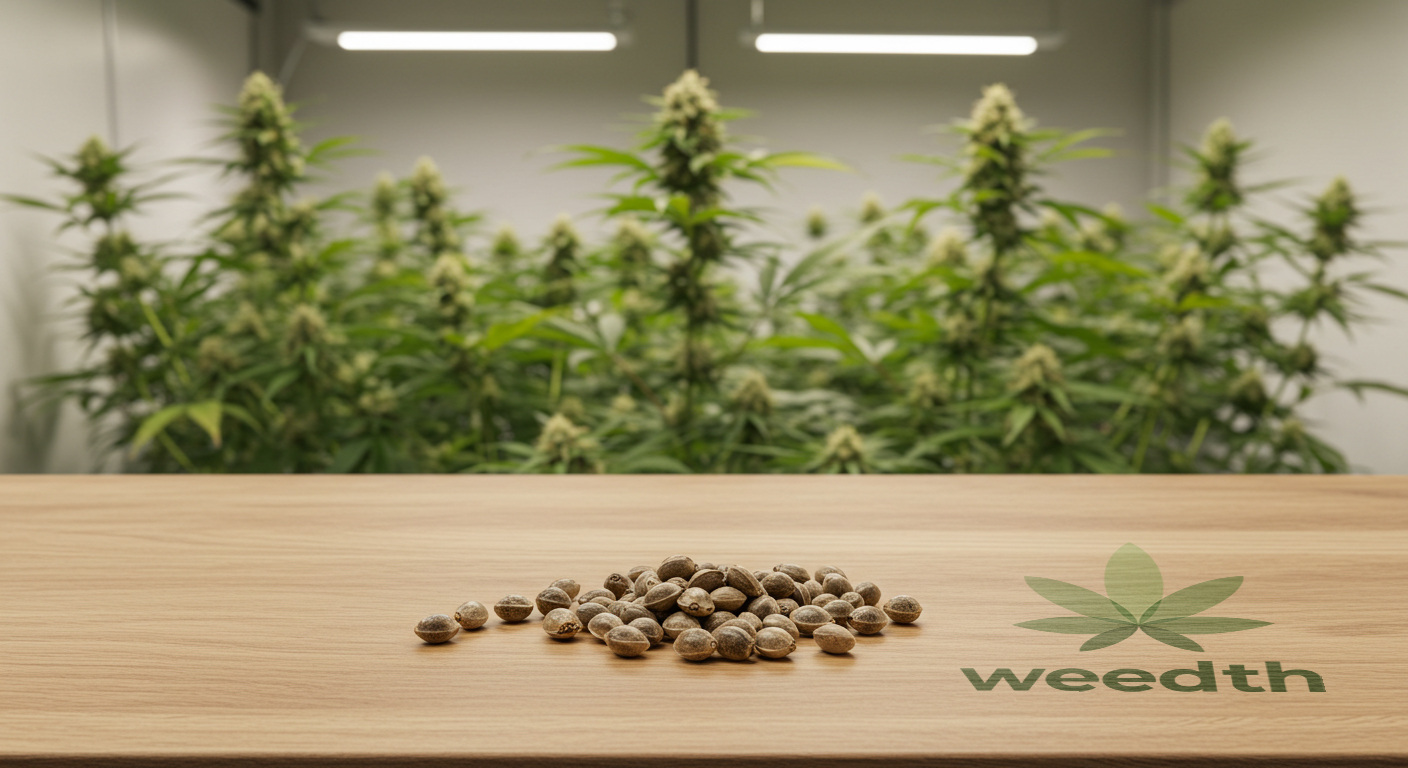 seeds_and_flowering_cannabis_plants A pile of cannabis seeds on a wooden table with the Weedth logo, with flowering cannabis plants in the background under grow lights