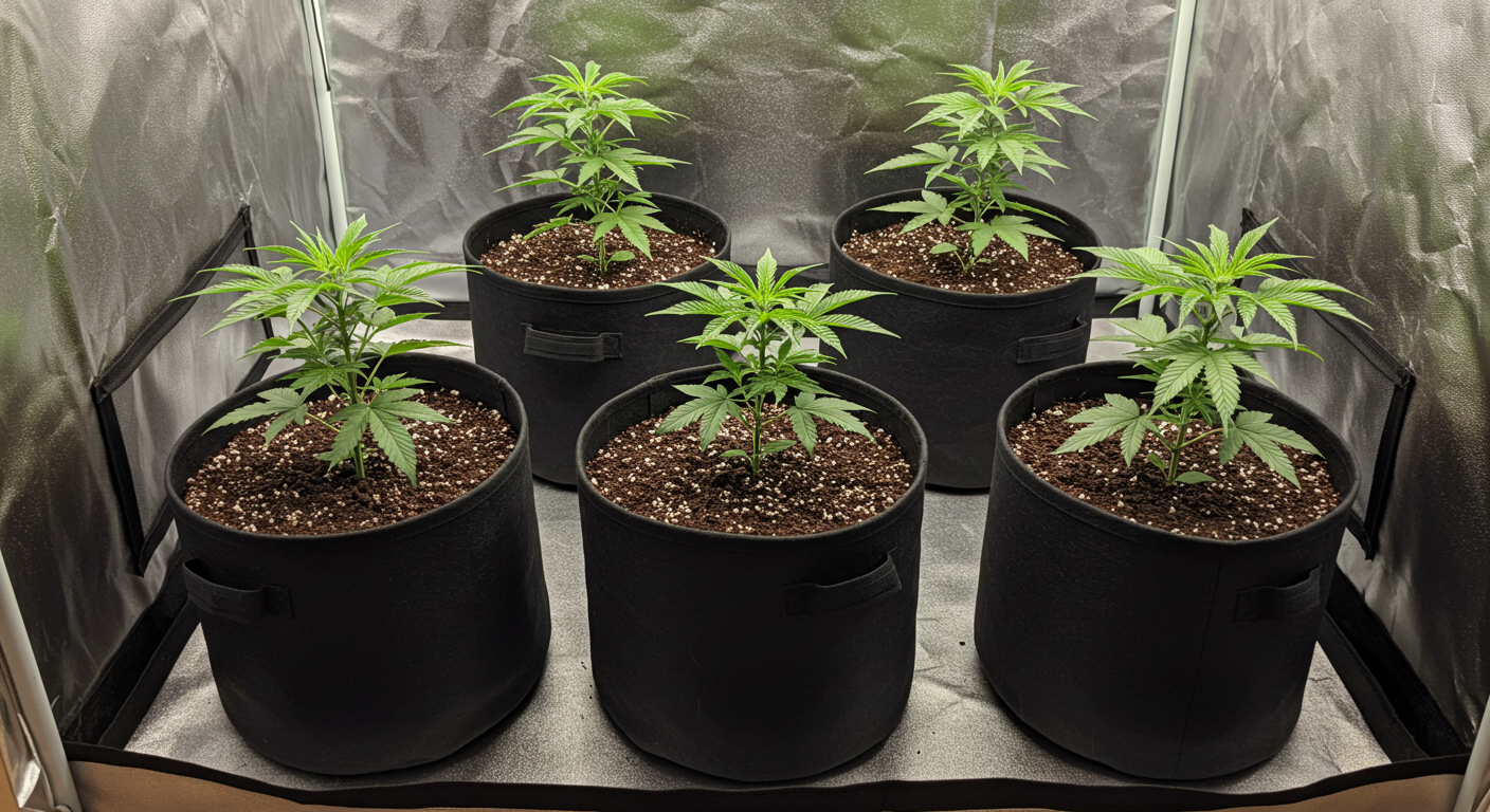 smart_pot_cannabis_grow_tent Cannabis plants growing in Smart Pots inside an indoor grow tent, demonstrating excellent aeration and healthy root development.