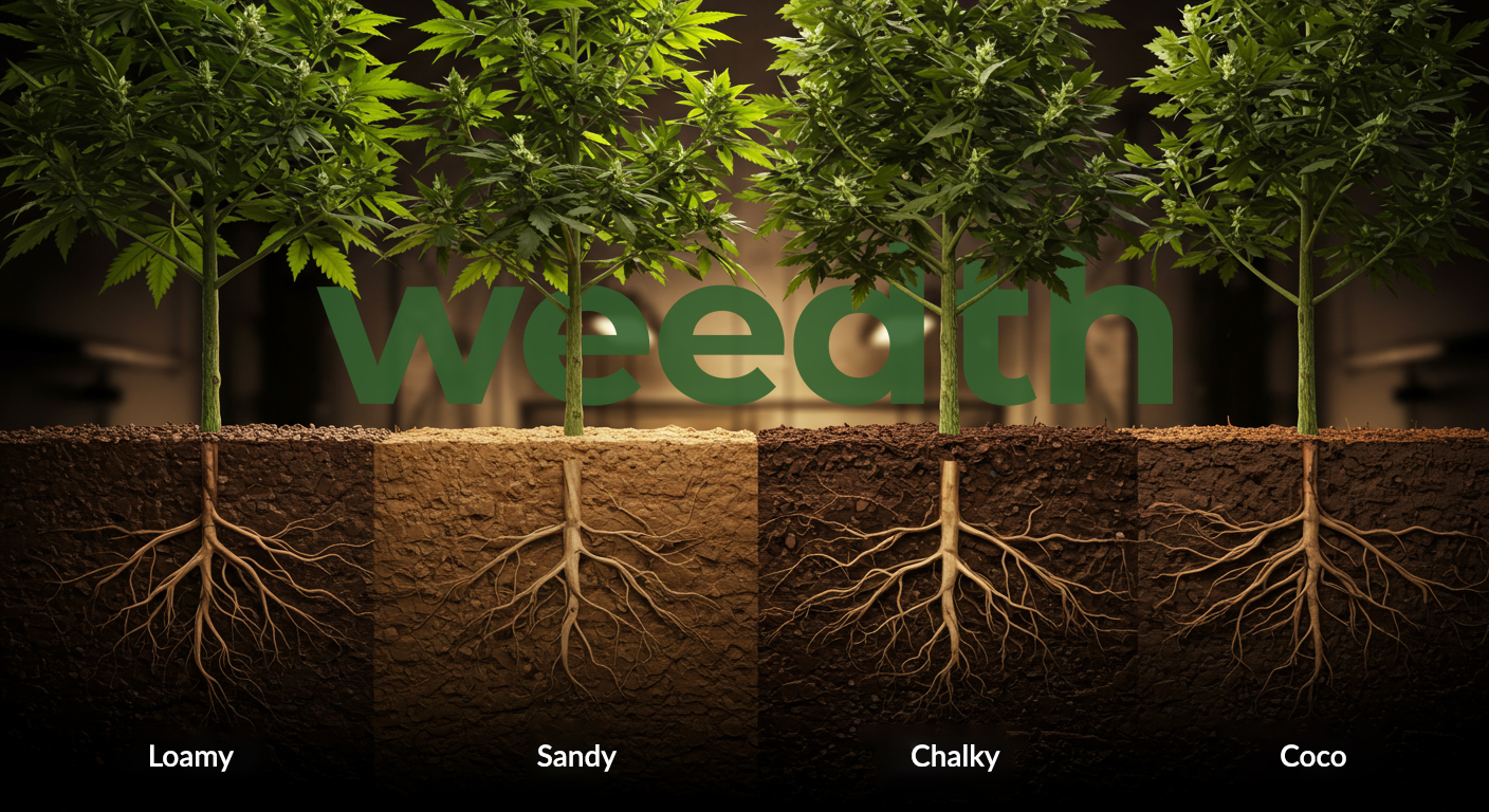 Comparison of cannabis plant root growth in four different soil types Loamy, Sandy, Chalky, and Coco, showing how each medium affects root structure and plant health.