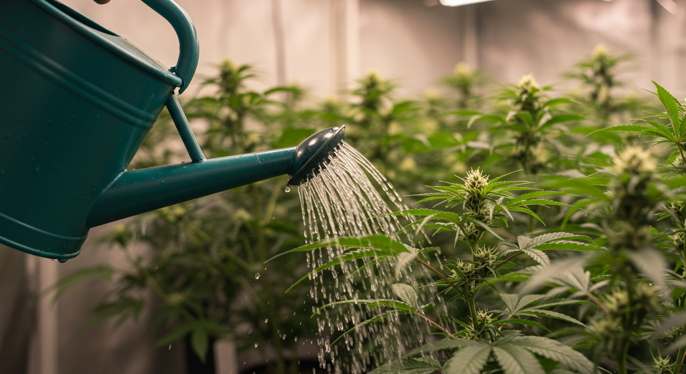 Watering flowering cannabis plants in an indoor garden