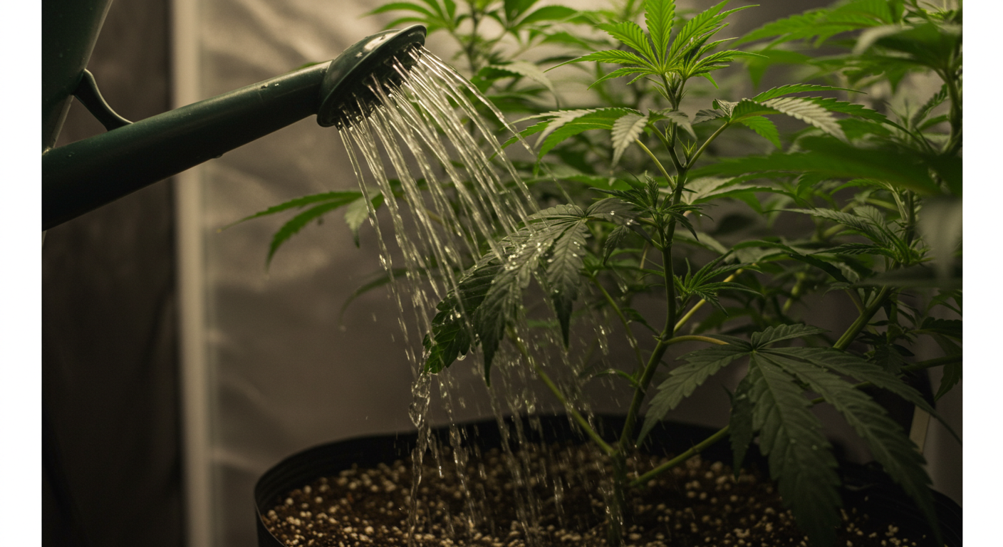 watering-vegetative-cannabis-plants.jpg A green watering can gently watering vegetative cannabis plants in an indoor grow room.