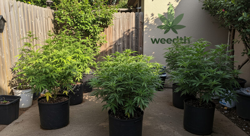 Several healthy cannabis plants in black plastic pots placed in a sunny, private backyard patio, growing under full sunlight without shade obstruction.