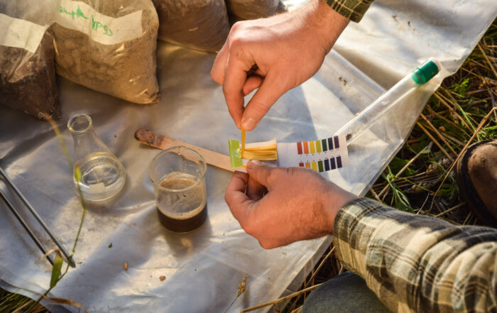Closeup of agronomy specialist testing soil sample ph value outdoors, using laboratory equipment, performing soil certification at agricultural grain field sunrise. Environment research.