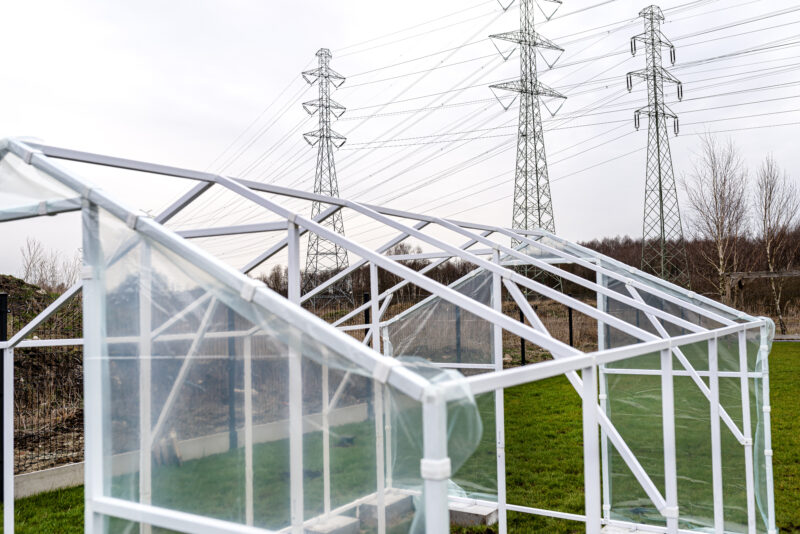 Assembling a home greenhouse from an aluminum frame and thick foil.
