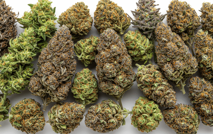 Top view of assorted cannabis buds in various colors and textures, showcasing trichome density and vibrant orange hairs on a white background.
