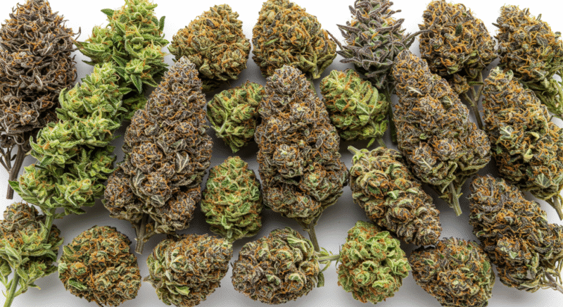 Top view of assorted cannabis buds in various colors and textures, showcasing trichome density and vibrant orange hairs on a white background.
