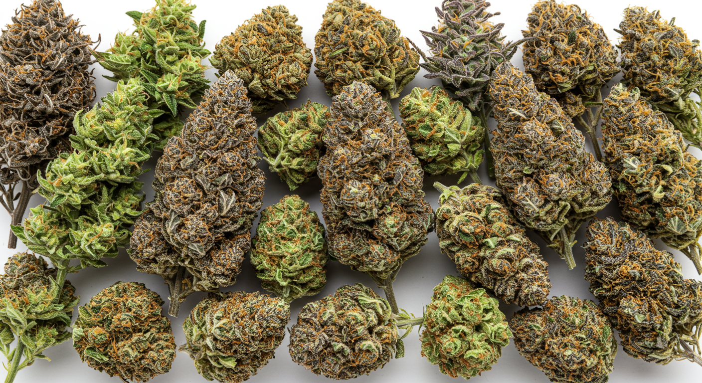 Top view of assorted cannabis buds in various colors and textures, showcasing trichome density and vibrant orange hairs on a white background.