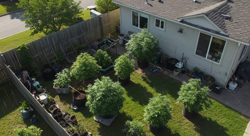 Top-down view of a backyard cannabis garden with multiple large plants in fabric pots, surrounded by gardening tools and containers next to a house.