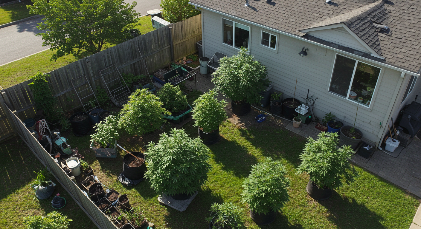 Overhead view of a backyard cannabis garden layout