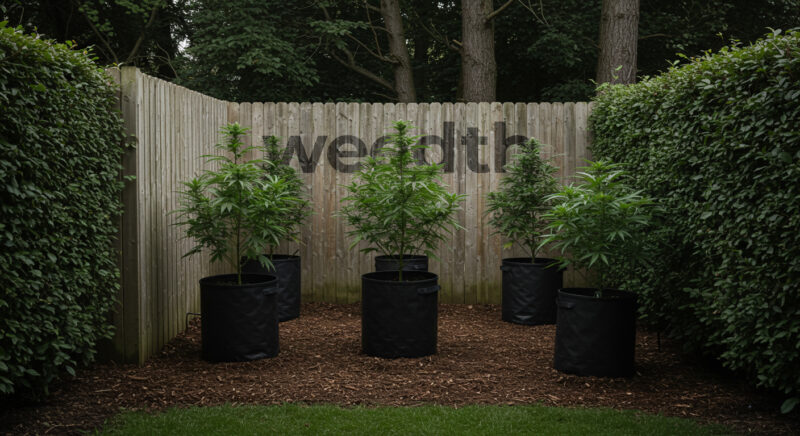 Outdoor cannabis plants growing in fabric pots in a secluded backyard, surrounded by a wooden fence and hedges with a “weedth” logo