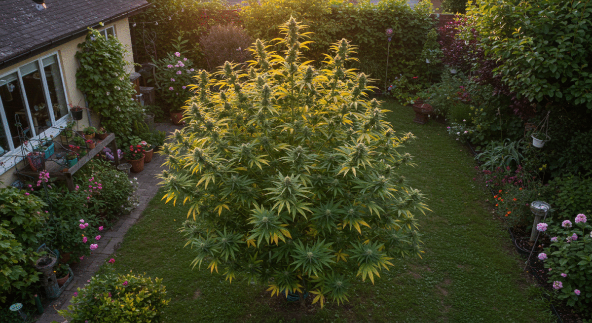 A large, mature cannabis plant thriving in a backyard garden, surrounded by decorative flowers and potted plants during golden hour.