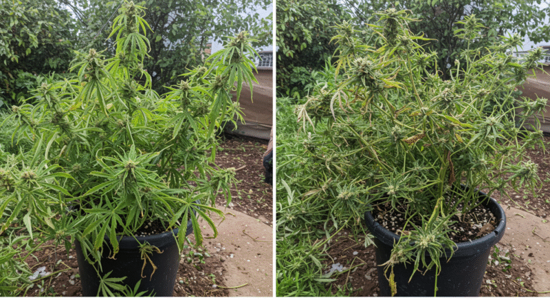 Cannabis plant before and after hailstorm damage in a pot.