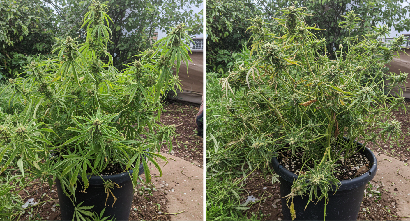 cannabis-before-after-hailstorm-damage Cannabis plant before and after hailstorm damage in a pot.