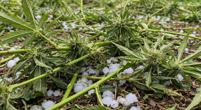 Aerial view of flattened cannabis field after hailstorm.
