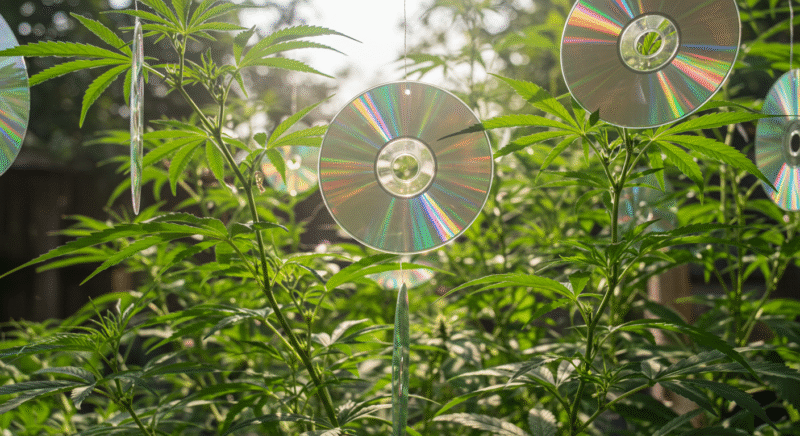 Hanging CDs used as bird deterrents in outdoor cannabis garden