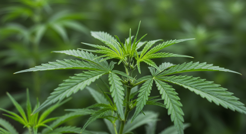 Healthy young cannabis plant in early vegetative stage with vibrant green leaves.