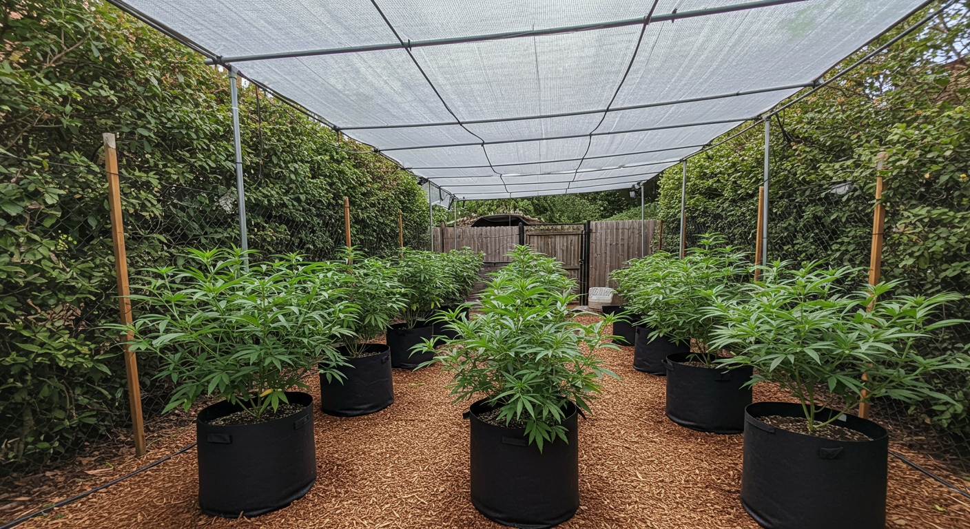 Fabric pots under shade net outdoors