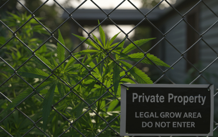 Cannabis plants growing behind a chain-link fence with a “Private Property – Legal Grow Area – Do Not Enter” sign in front.