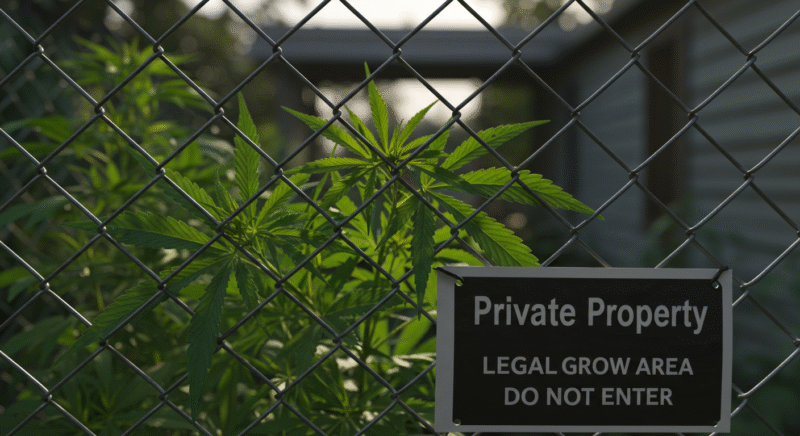 Cannabis plants growing behind a chain-link fence with a “Private Property – Legal Grow Area – Do Not Enter” sign in front.