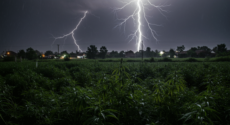 Lightning bolts strike in the distance during a stormy night over a cannabis field, highlighting the plant silhouettes under heavy rain.