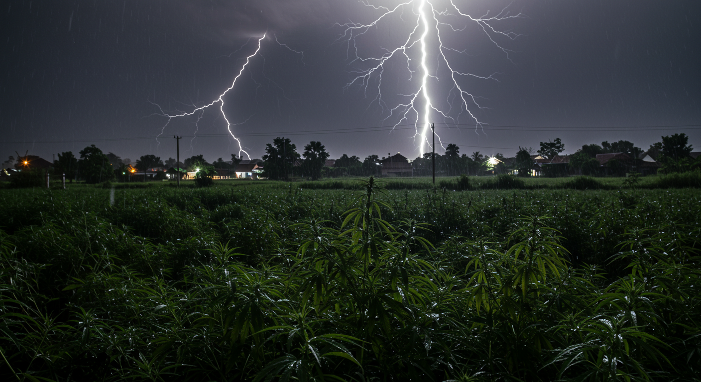 Cannabis field exposed to heavy rain and storm conditions