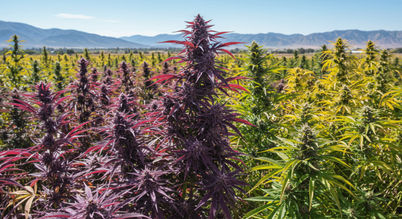 Outdoor cannabis field showcasing striking purple and yellow phenotypes in full bloom, with mountains in the background under a clear blue sky