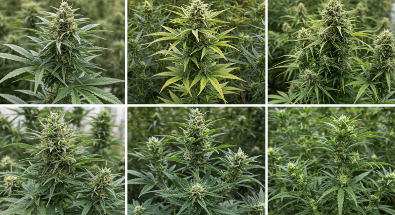 Six cannabis plants at different stages of flowering, showing variation in bud development, pistil formation, and leaf color, including a plant with nutrient deficiency signs.
