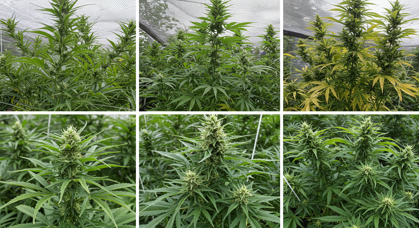 Six cannabis plants growing under a mesh canopy, each at different flowering stages, including one with visible yellowing leaves indicating possible nutrient deficiency